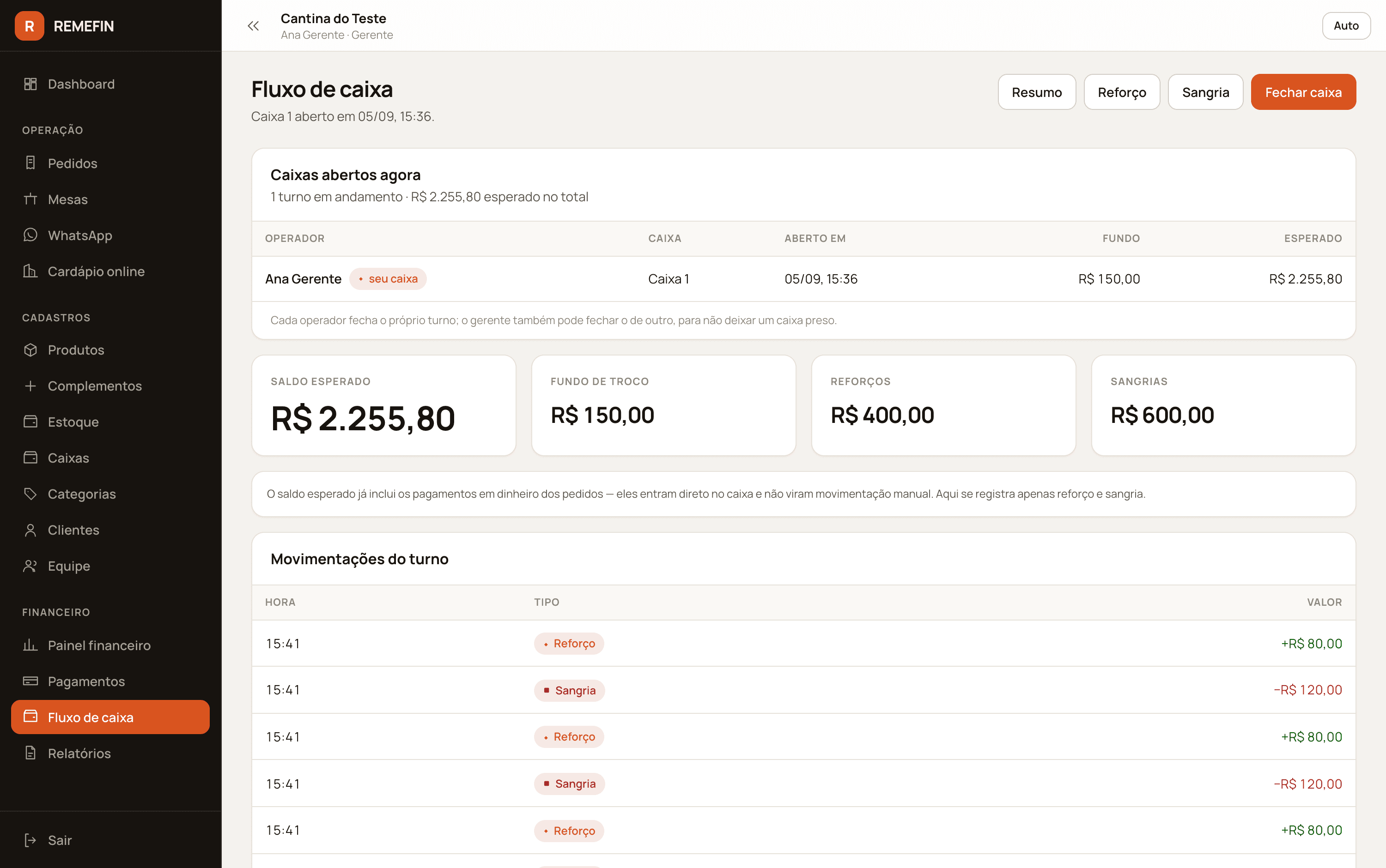 Tela de fluxo de caixa com turno aberto, saldo esperado, fundo de troco, reforços, sangrias e histórico de movimentações do turno.