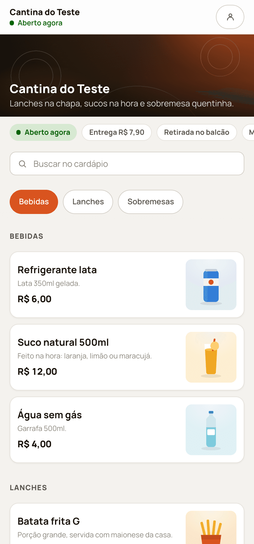 Cardápio online da loja no celular, com capa da loja, aviso de aberto agora, taxa de entrega, busca, categorias e produtos com foto e preço.