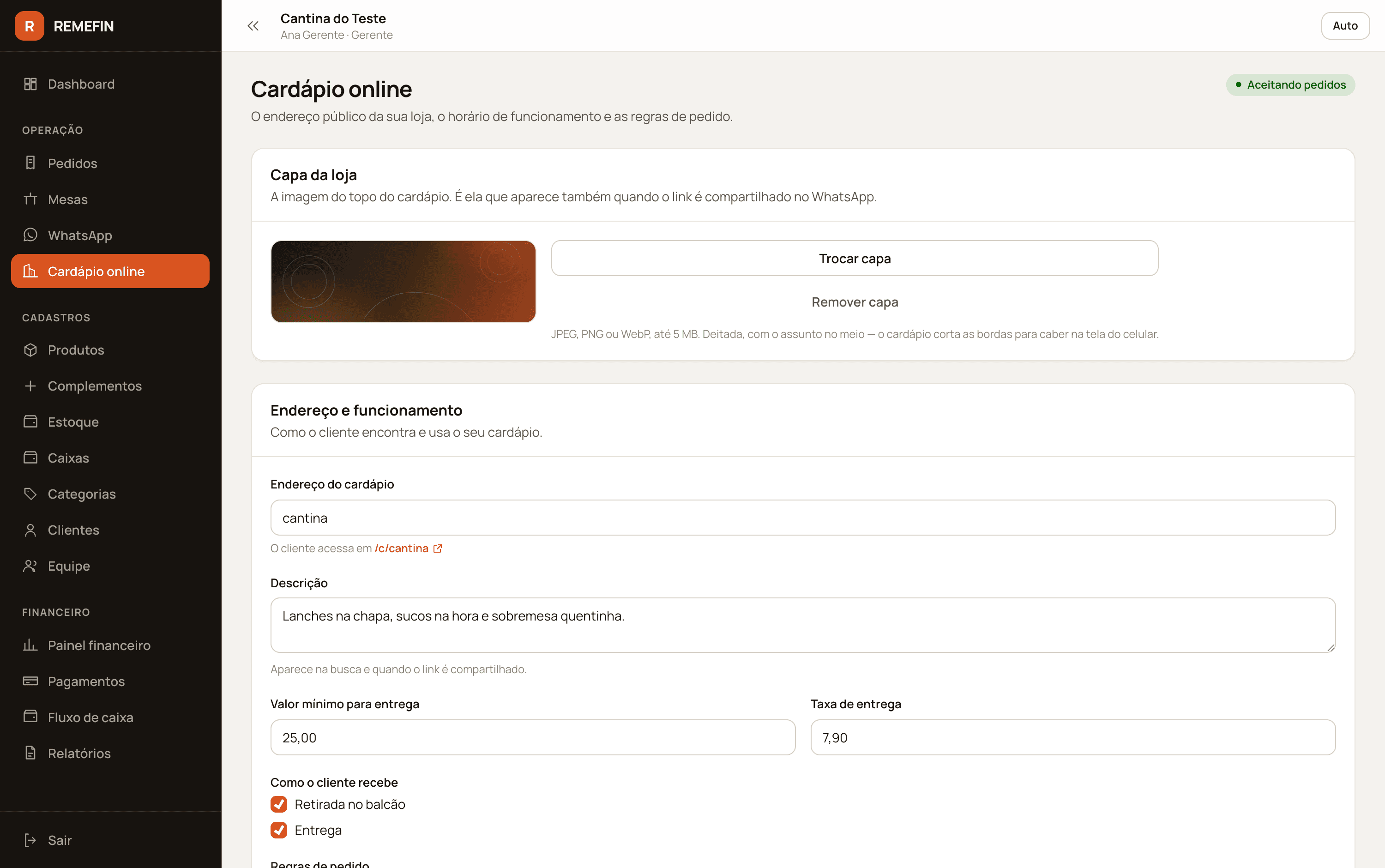 Configuração do cardápio online: capa da loja, endereço público, descrição, valor mínimo de entrega, taxa de entrega e modalidades de retirada e entrega.