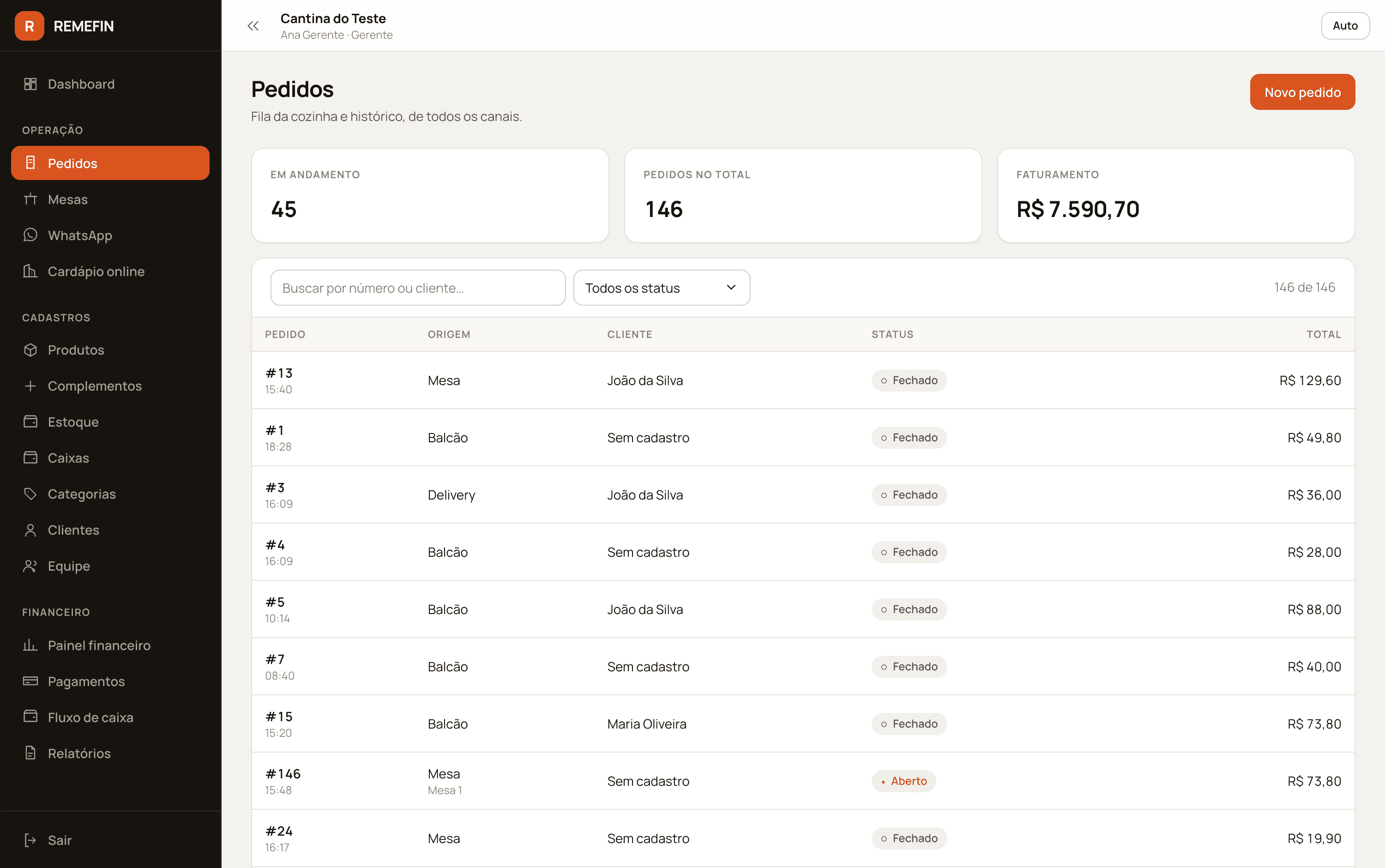 Tela de pedidos com contadores de pedidos em andamento, total e faturamento, busca por número ou cliente, filtro de status e lista de pedidos com origem, cliente, status e total.