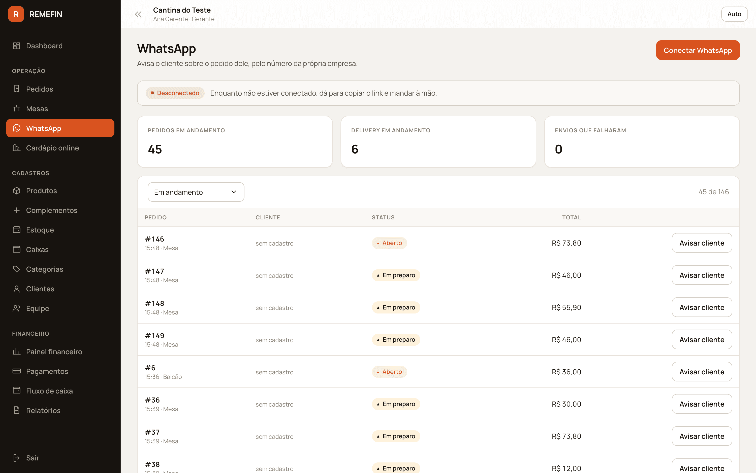 Tela de WhatsApp com status da conexão, contadores de pedidos em andamento e delivery, e lista de pedidos com botão avisar cliente.